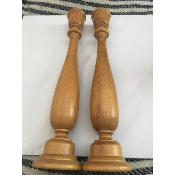 Vintage mcm candlesticks turned wood scroll 11" tapered candle holders - Picture 4 of 10